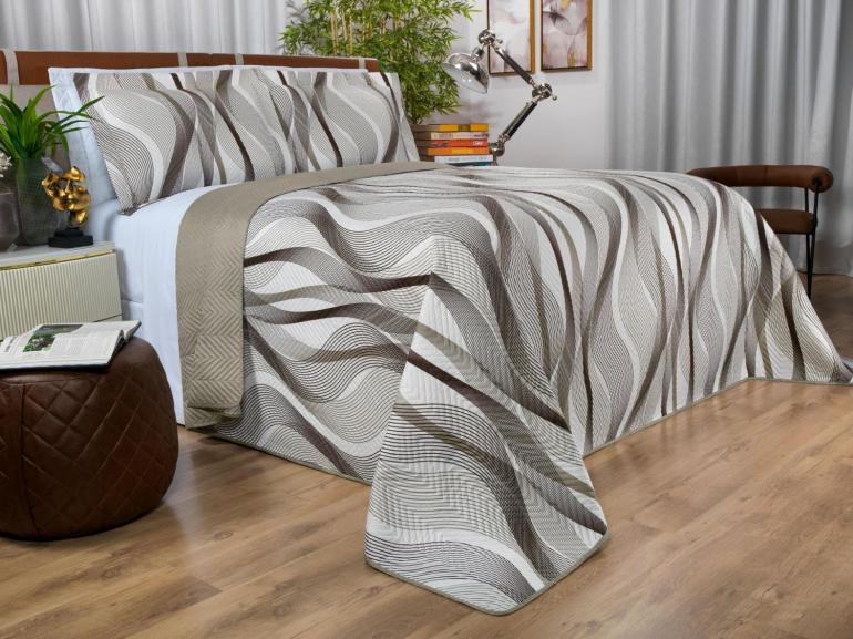 Kit: 1 Cobre-leito Queen Bouti de Microfibra Ultrasonic Estampada + 2 Porta-travesseiros - Twister Taupe - Dui Design