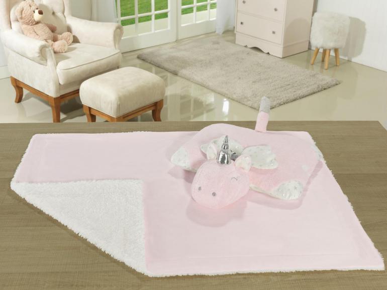 Kit: 1 Cobertor Baby Pele de Carneiro Sherpa + 1 Almofada Baby Kids de Bichinhos - Animais Sherpa - Dui Design
