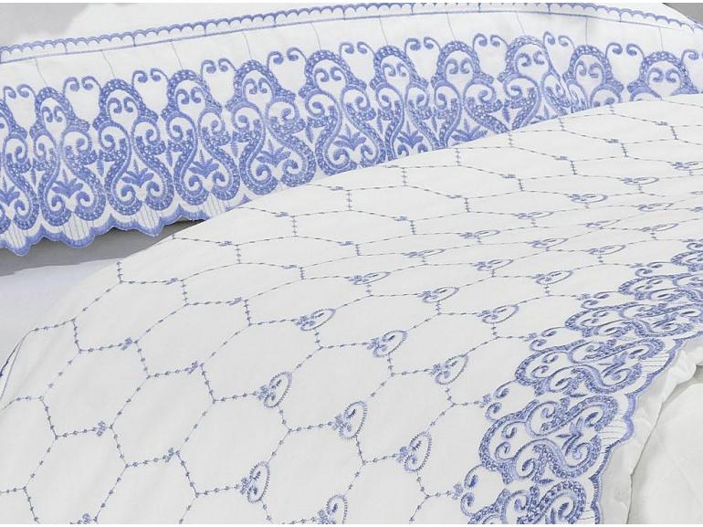 Jogo de Cama Casal Cetim de Algodo 300 fios com Bordado Ingls - Venice Branco e Porcelana - Dui Design