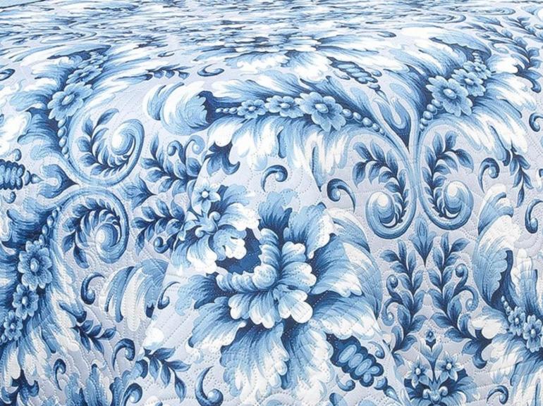 Kit: 1 Cobre-leito Queen Bouti de Microfibra Ultrasonic Estampada + 2 Porta-travesseiros - Versalhes Azul - Dui Design