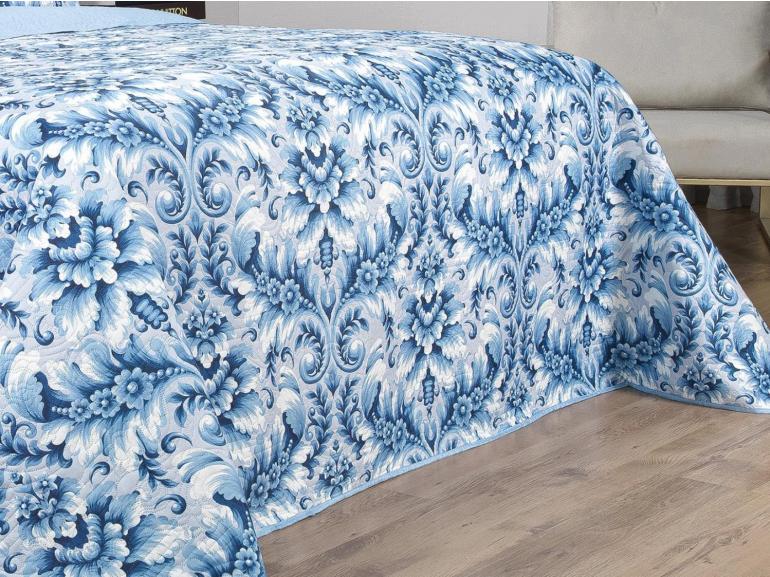 Kit: 1 Cobre-leito Queen Bouti de Microfibra Ultrasonic Estampada + 2 Porta-travesseiros - Versalhes Azul - Dui Design