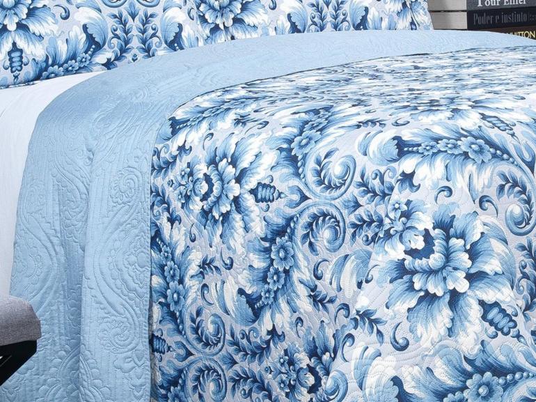 Kit: 1 Cobre-leito Queen Bouti de Microfibra Ultrasonic Estampada + 2 Porta-travesseiros - Versalhes Azul - Dui Design