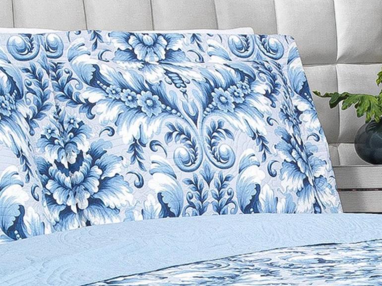 Kit: 1 Cobre-leito Queen Bouti de Microfibra Ultrasonic Estampada + 2 Porta-travesseiros - Versalhes Azul - Dui Design