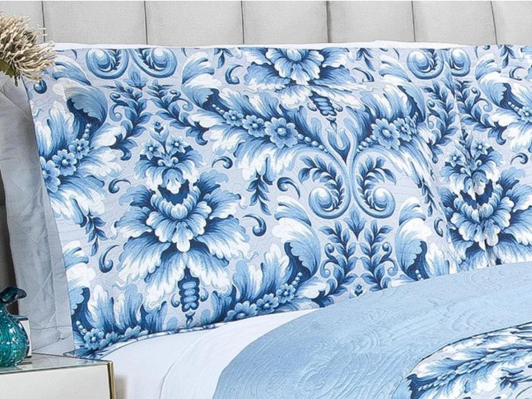 Kit: 1 Cobre-leito Queen Bouti de Microfibra Ultrasonic Estampada + 2 Porta-travesseiros - Versalhes Azul - Dui Design