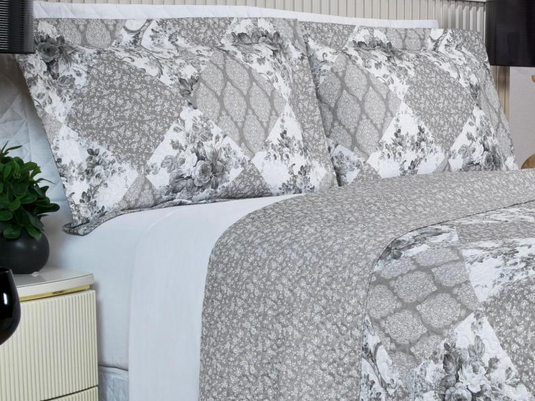 Kit: 1 Cobre-leito Casal Bouti de Microfibra Ultrasonic Estampada + 2 Porta-travesseiros - Violet Preto e Branco - Dui Design