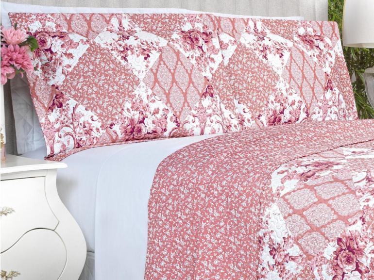 Kit: 1 Cobre-leito Casal Bouti de Microfibra Ultrasonic Estampada + 2 Porta-travesseiros - Violet Rosa Velho - Dui Design