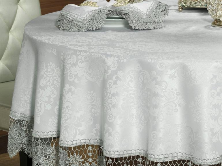 Toalha de Mesa com Bordado Guipir Fcil de Limpar Redonda 180cm - Vitoriana Branco e Gelo - Dui Design