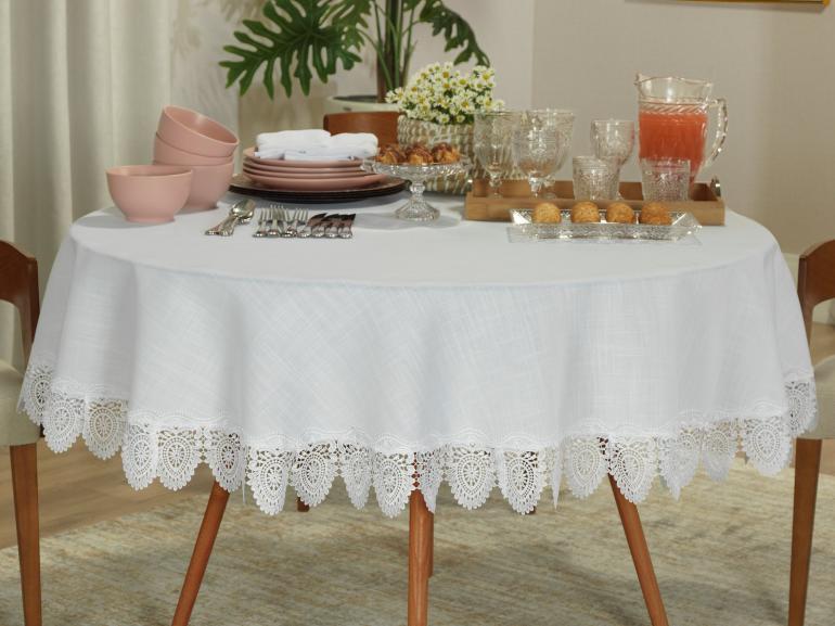 Toalha de Mesa de Linho com Bordado Guipir Redonda 180cm - Windsor Branco - Dui Design