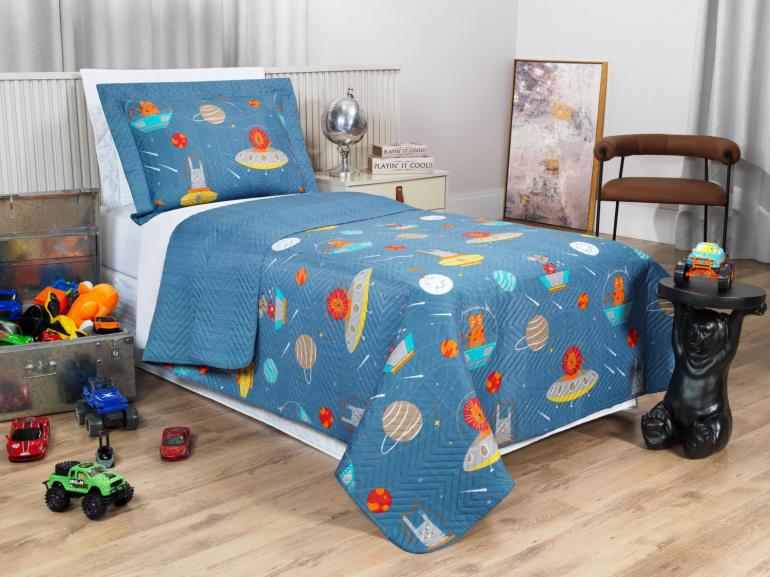 Kit: 1 Cobre-leito Solteiro Kids Bouti de Microfibra PatchWork Ultrasonic + 1 Porta-travesseiro - Zoo Espacial - Dui Design