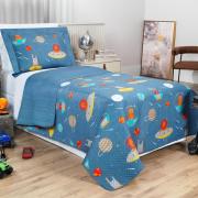 Kit: 1 Cobre-leito Solteiro Kids Bouti de Microfibra PatchWork Ultrasonic + 1 Porta-travesseiro - Zoo Espacial - Dui Design
