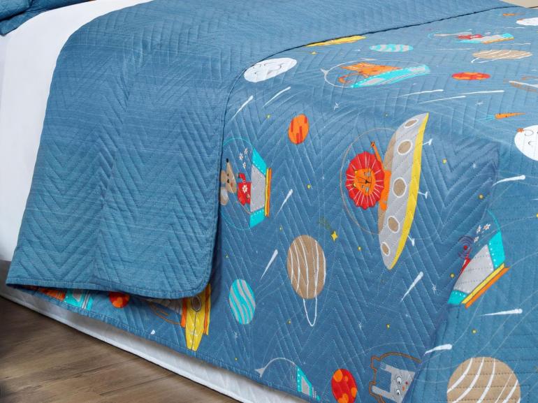 Kit: 1 Cobre-leito Solteiro Kids Bouti de Microfibra PatchWork Ultrasonic + 1 Porta-travesseiro - Zoo Espacial - Dui Design