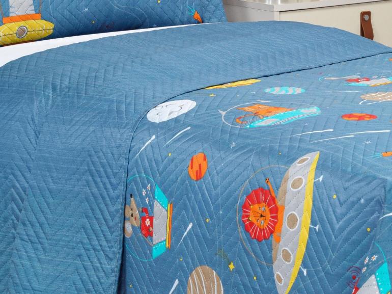 Kit: 1 Cobre-leito Solteiro Kids Bouti de Microfibra PatchWork Ultrasonic + 1 Porta-travesseiro - Zoo Espacial - Dui Design