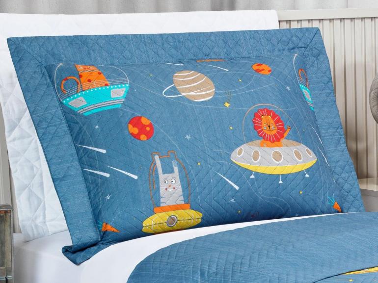Kit: 1 Cobre-leito Solteiro Kids Bouti de Microfibra PatchWork Ultrasonic + 1 Porta-travesseiro - Zoo Espacial - Dui Design