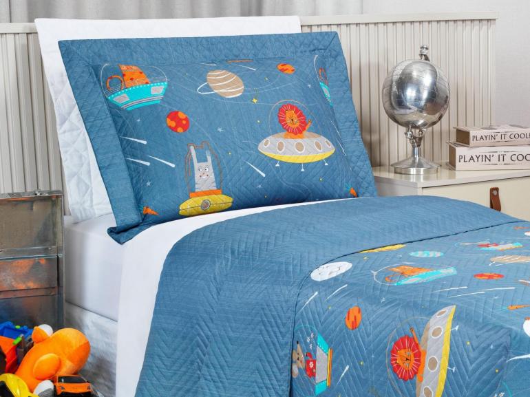 Kit: 1 Cobre-leito Solteiro Kids Bouti de Microfibra PatchWork Ultrasonic + 1 Porta-travesseiro - Zoo Espacial - Dui Design