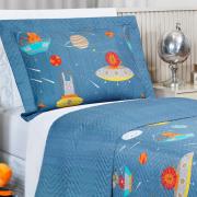 Kit: 1 Cobre-leito Solteiro Kids Bouti de Microfibra PatchWork Ultrasonic + 1 Porta-travesseiro - Zoo Espacial - Dui Design